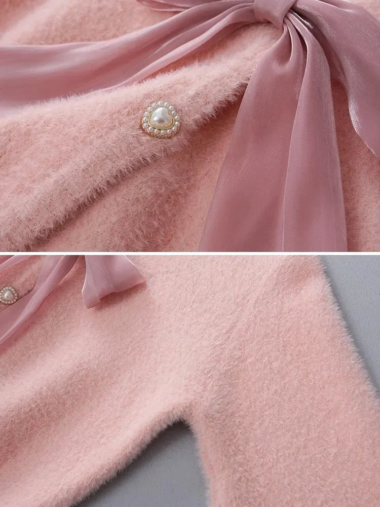 Loose Bowknot Knitted Korean Sweet Pink Cardigan