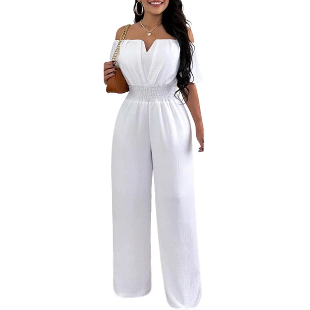 Lady Print High Waist Off Shoulder Wide Leg Pants Jumpsuit