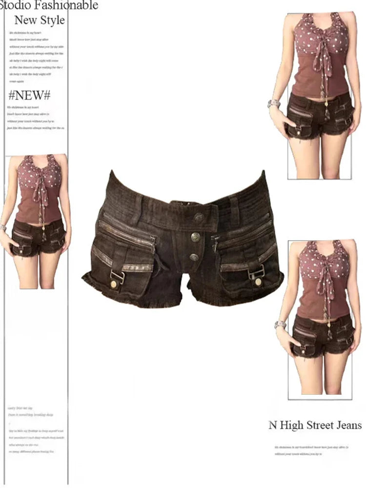 Japanese Harajuku Low Rise Denim Cargo Shorts