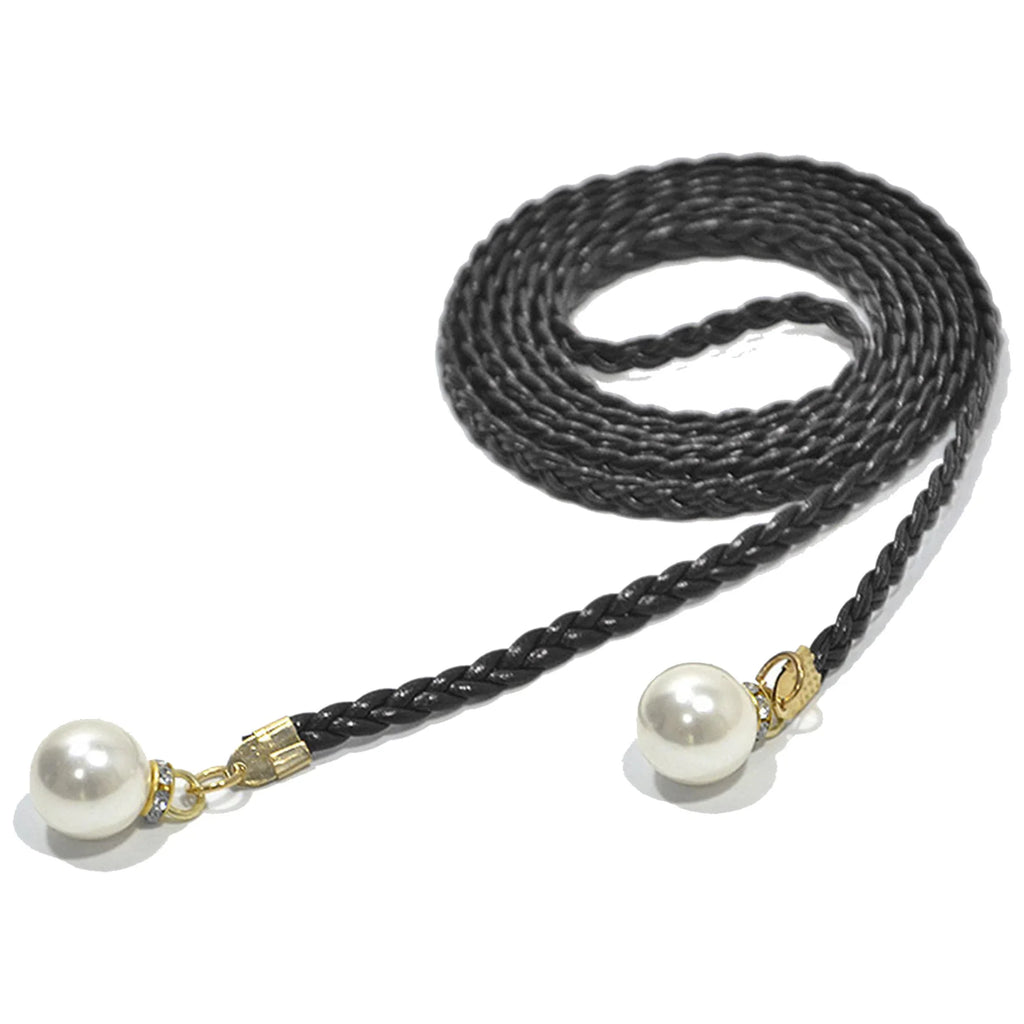 Adjustable Slim Waist Braided Belt with Pearl Buckle