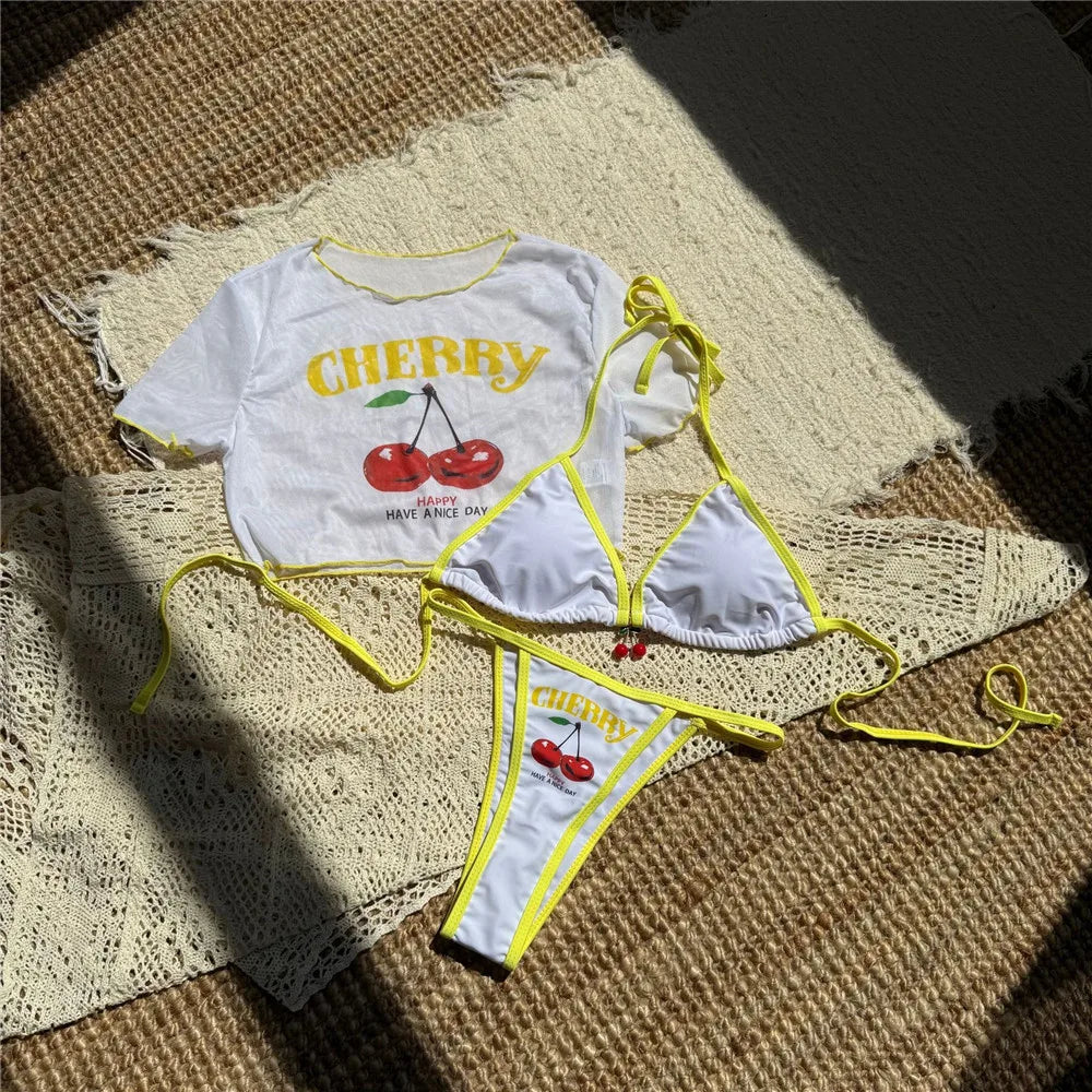 Cute Cherry Print Halter String Cover Swimwear