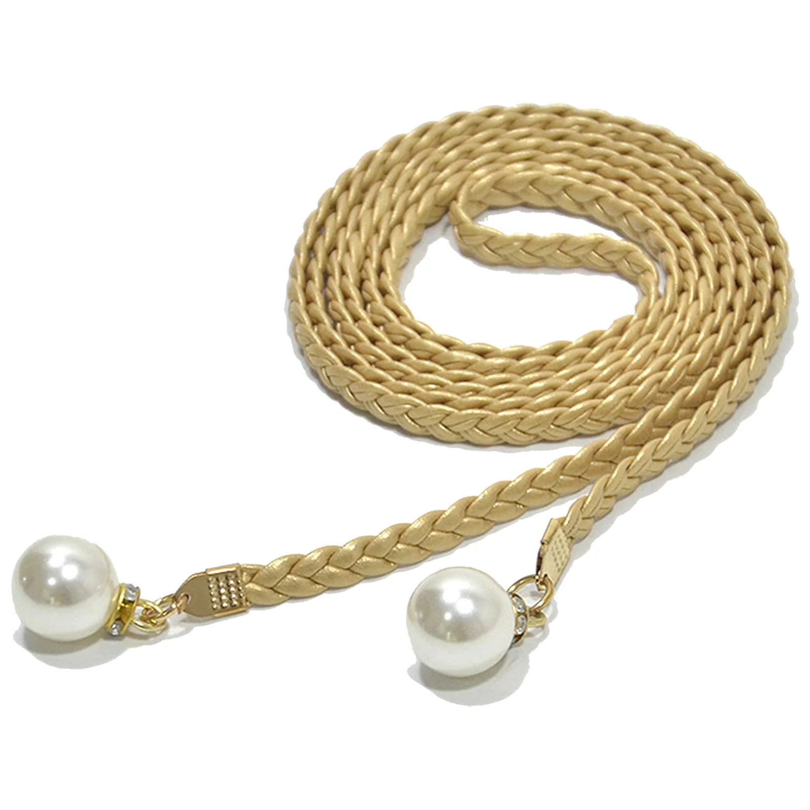 Adjustable Slim Waist Braided Belt with Pearl Buckle