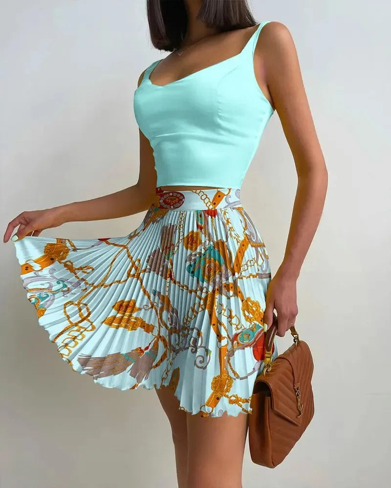 Set Woman 2 Pieces Summer New Printed Slim High Waist Dress Set Camisole and Pleated SkirtSet of Holiday Party Club Women Dress