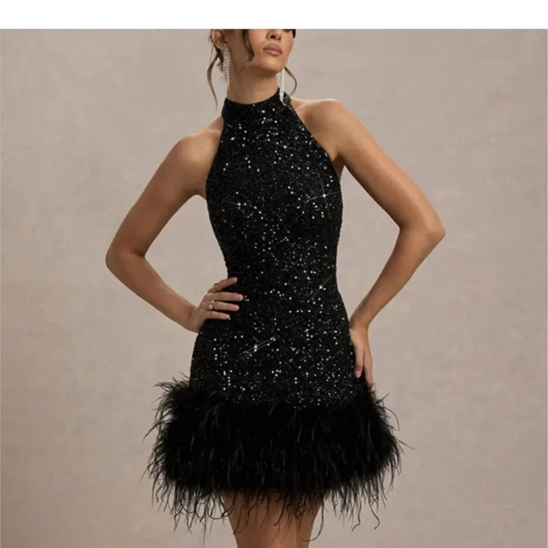 Slim Plush Hem Sleeveless Sequin Dress