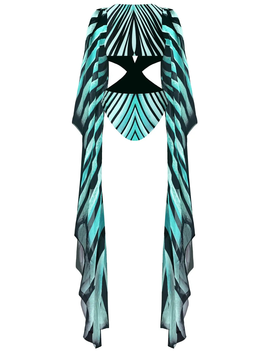 Printed Fan Sleeved Cut Out Swimsuit