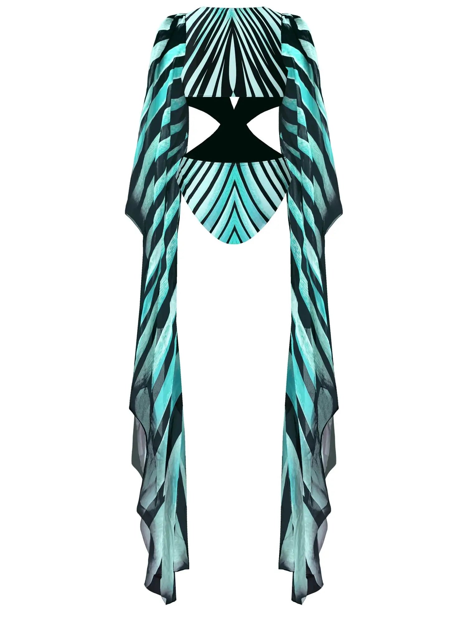 Printed Fan Sleeved Cut Out Swimsuit