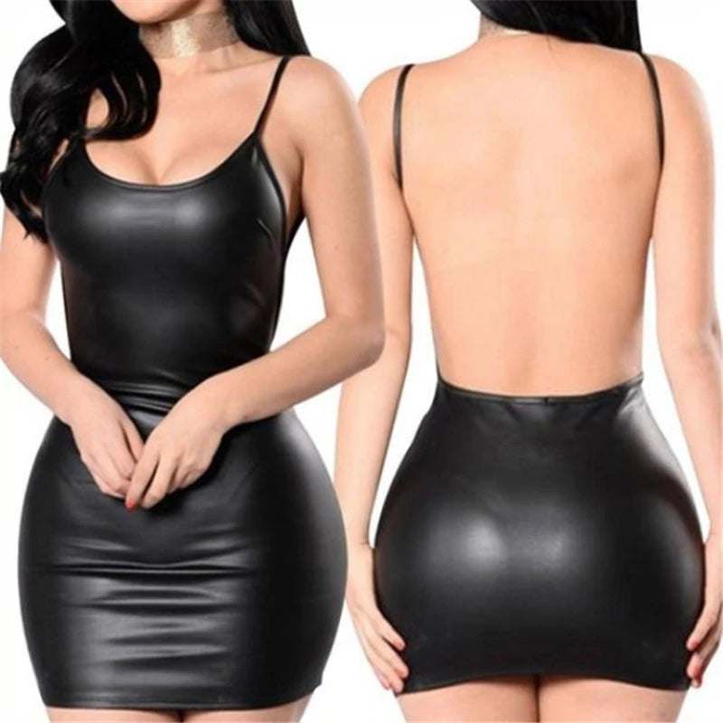 Backless Black Faux Leather Mini Dress