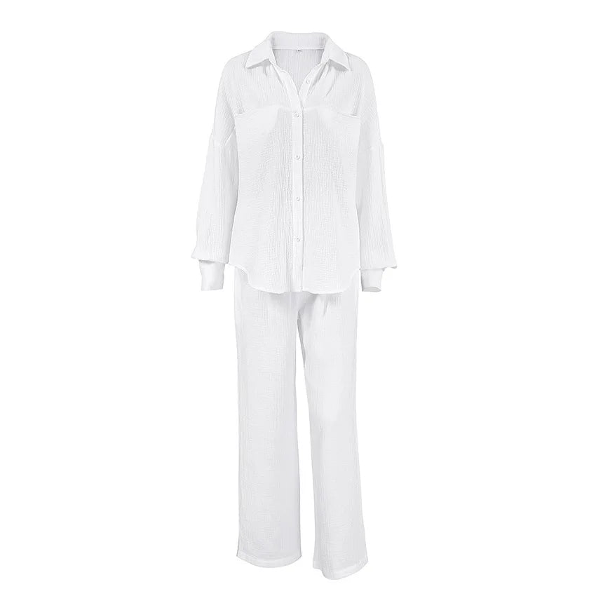 Full Sleeve Single Breasted Wide Leg Pants Pajama Set