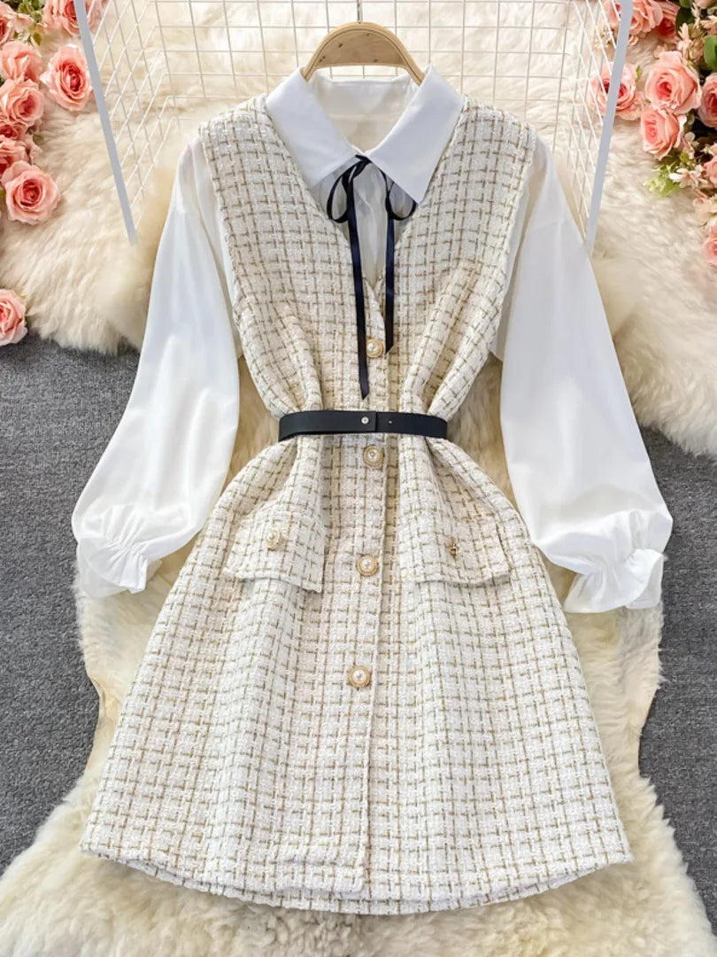 Bowtied Collar White Blouse Mini Tweed Dress