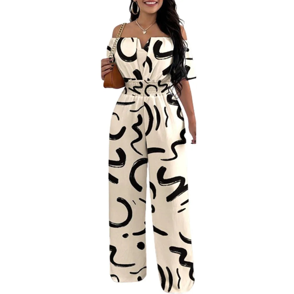 Lady Print High Waist Off Shoulder Wide Leg Pants Jumpsuit