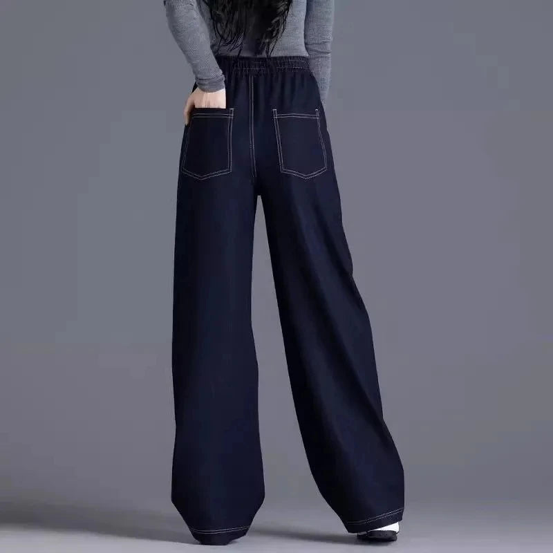 High Waisted Loose Elastic Denim Wide Leg Pants