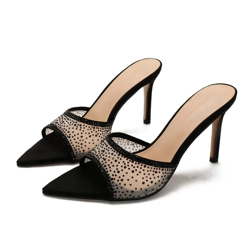 High-heeled Pointed Toe Rhinestone Slippers
