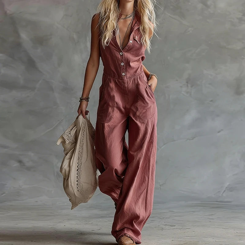 Chic Sleeveless Button Patchwork Jumpsuit