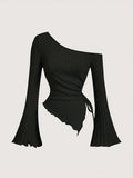 V-neck One Shoulder Drawstring Blouse