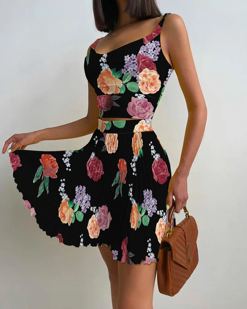 Set Woman 2 Pieces Summer New Printed Slim High Waist Dress Set Camisole and Pleated SkirtSet of Holiday Party Club Women Dress