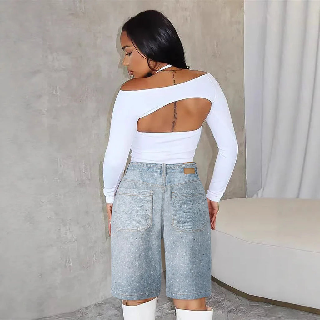 Diamond Knee Length High Waist  Zipper Fly Distressed Straight Pant