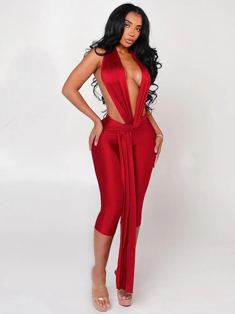 Sisterlinda Backless Halter Romper With Ribbon