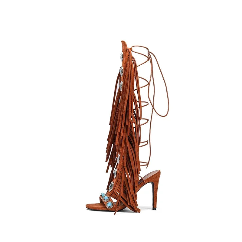 Peep Toe Sexy Lace Up Knee High Heel Shoes