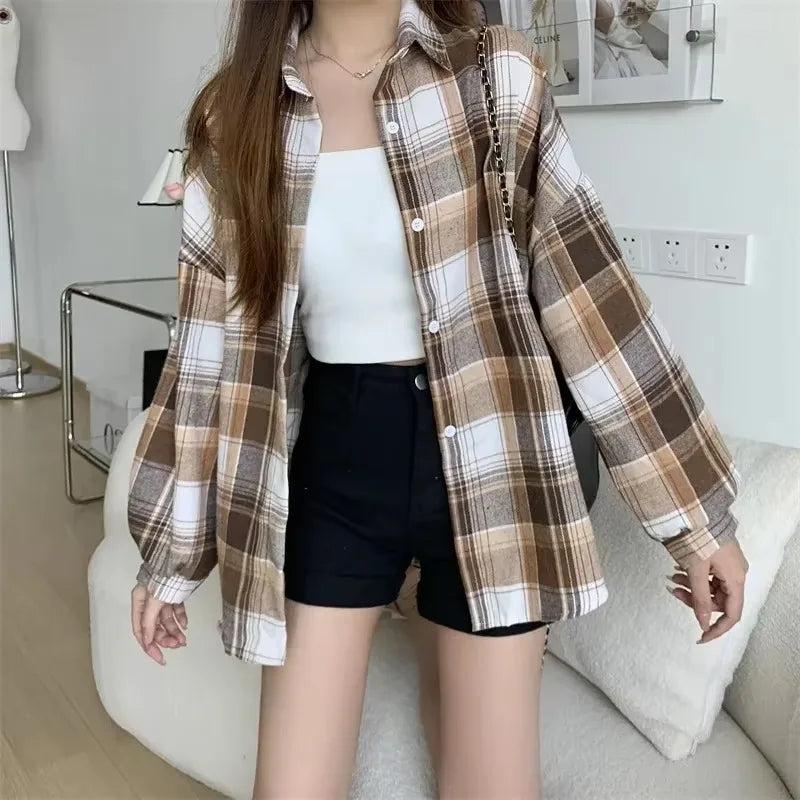 Plaid Vintage Single Breasted Blouse