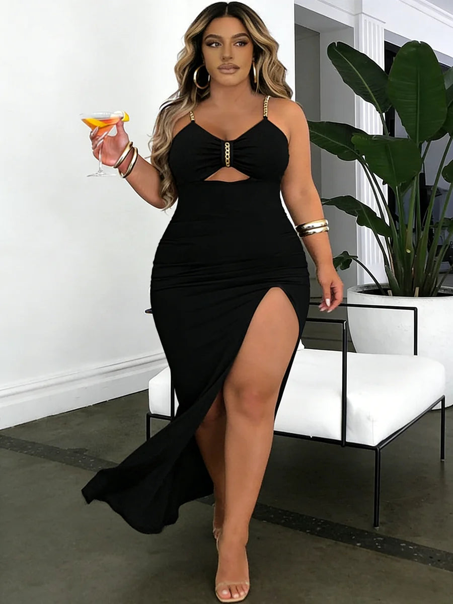 Chain Strap Cutout Ruched Bodycon Maxi Dress