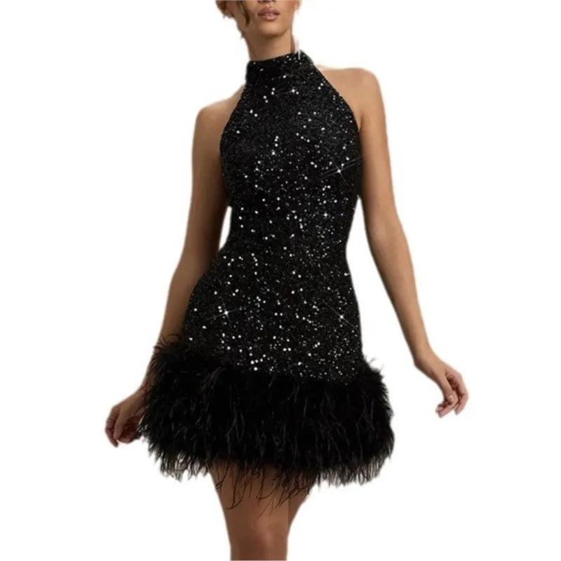 Slim Plush Hem Sleeveless Sequin Dress