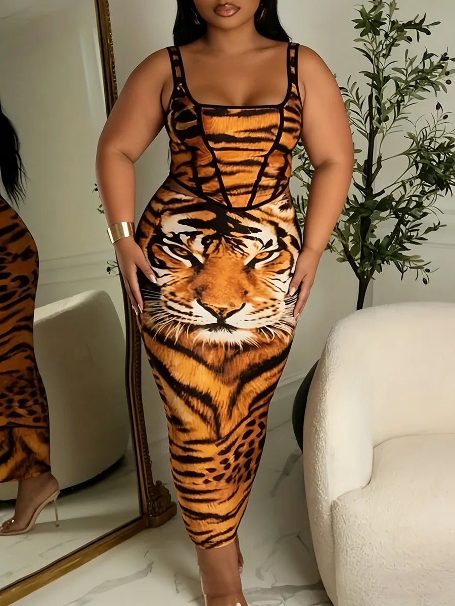 Square Neck Spaghetti Strap Tiger Print Corset Bodycon Midi Dress