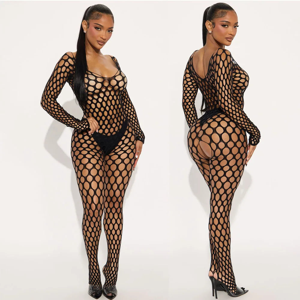 Fishnet Mesh Crotchless Hollow Stretch Teddy Bodystockings