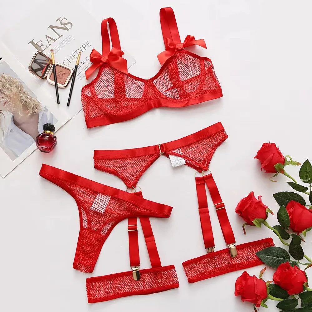 3-Piece Mesh Bra+Thongs+Garter Lingerie