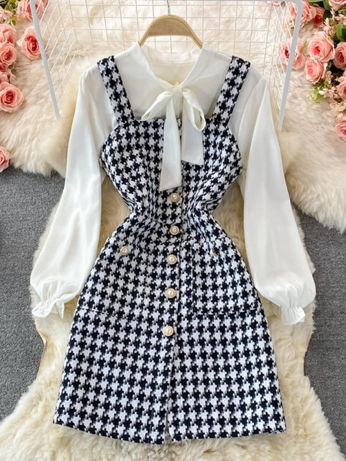 Bowtied Collar White Blouse Mini Tweed Dress
