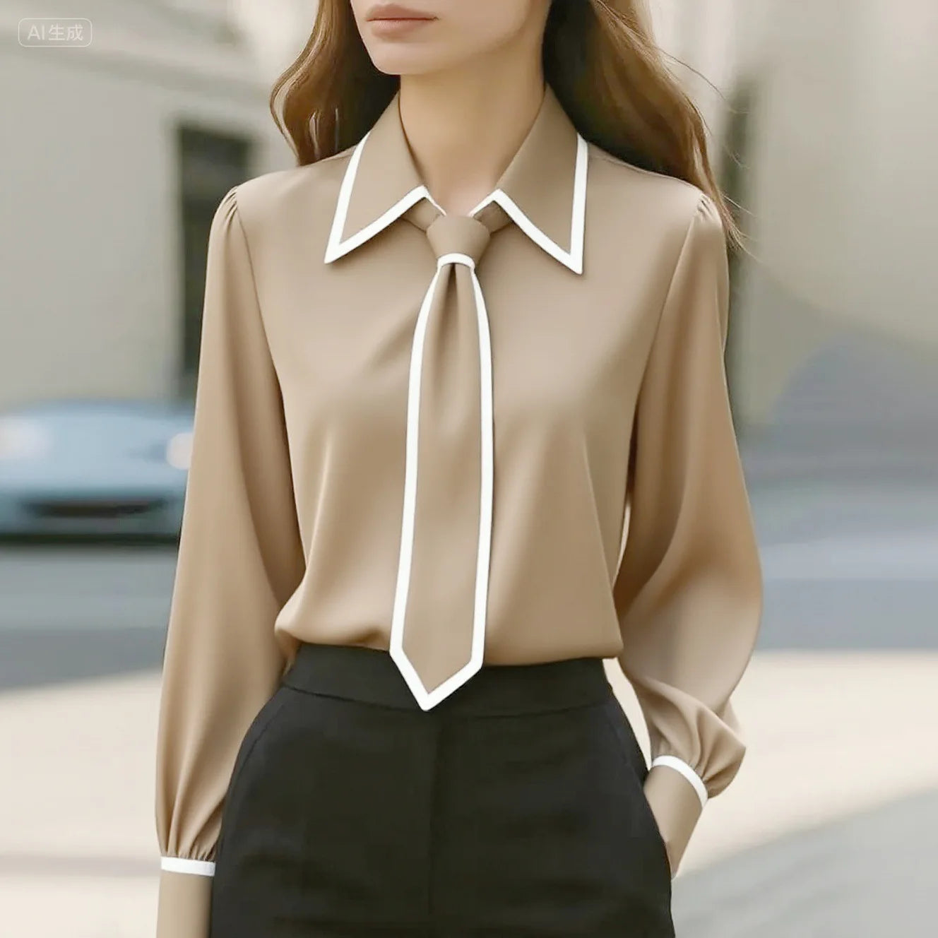 Formal Bow Tie Long-sleeve Contrasting Trim Top