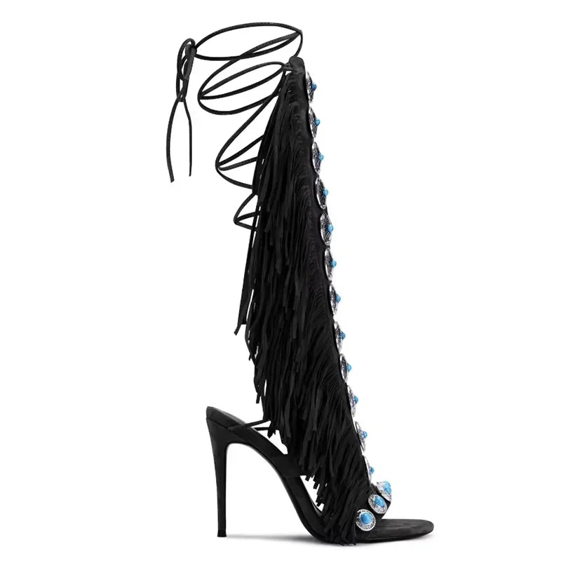 Peep Toe Sexy Lace Up Knee High Heel Shoes