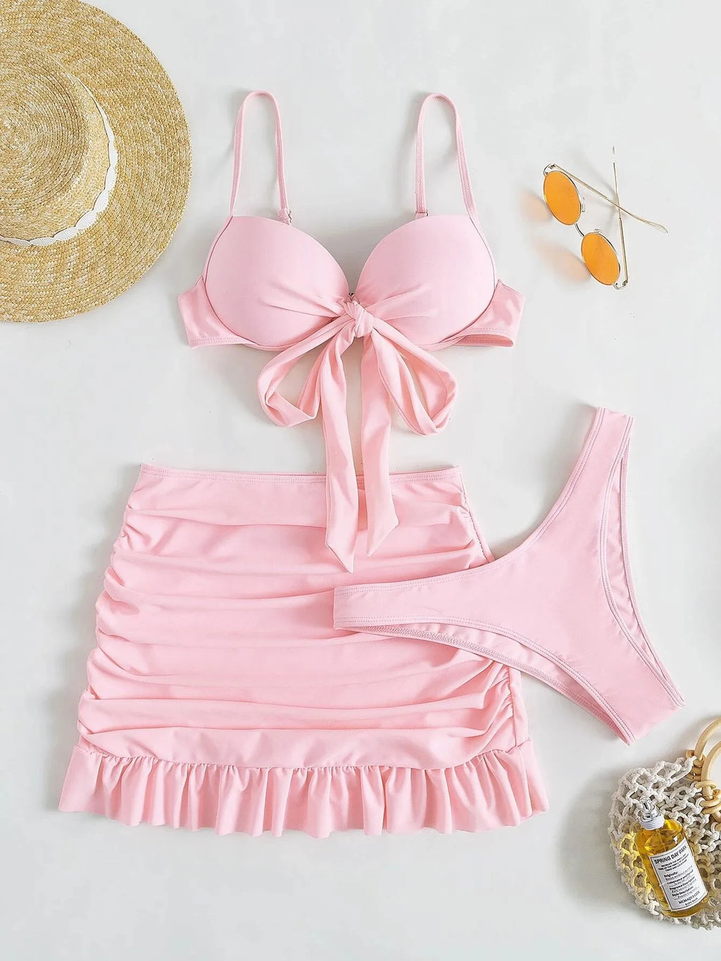 3 Piece Tie Bow Push Up Mini Skirt Bathing Suit Outfit