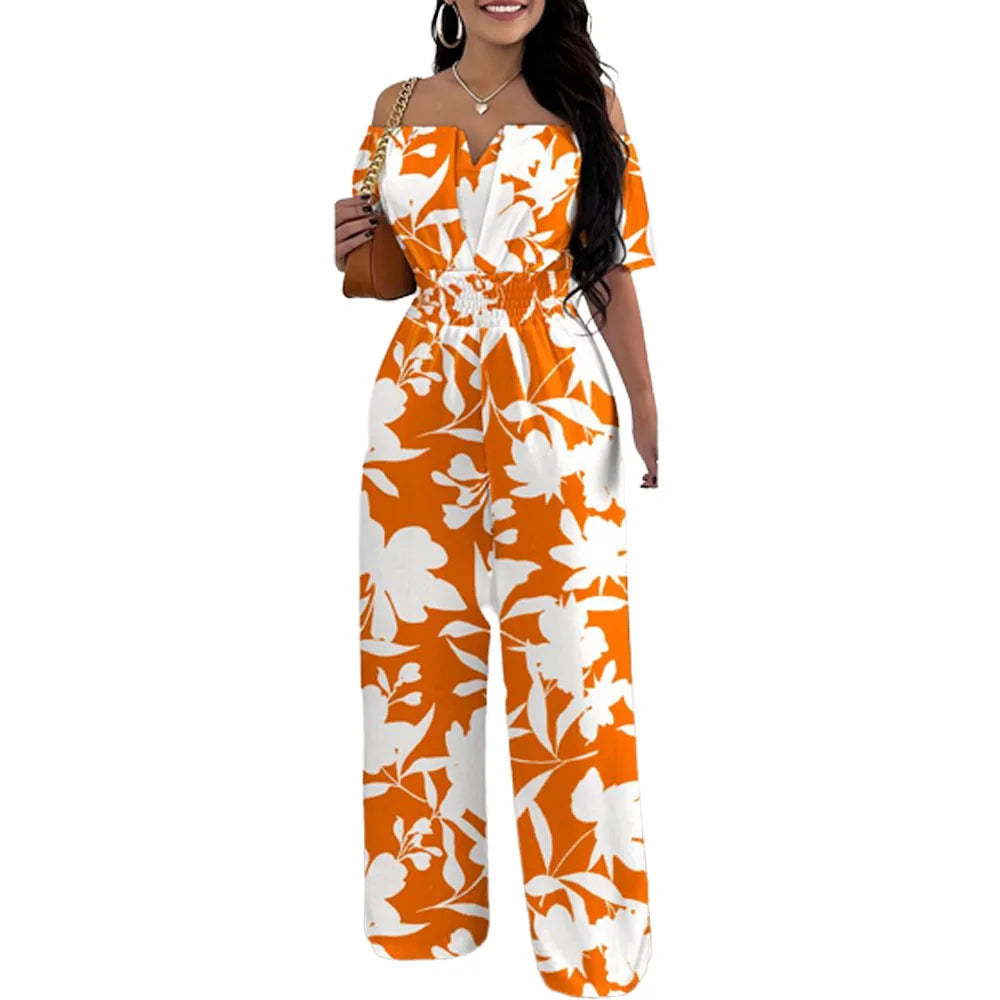 Lady Print High Waist Off Shoulder Wide Leg Pants Jumpsuit