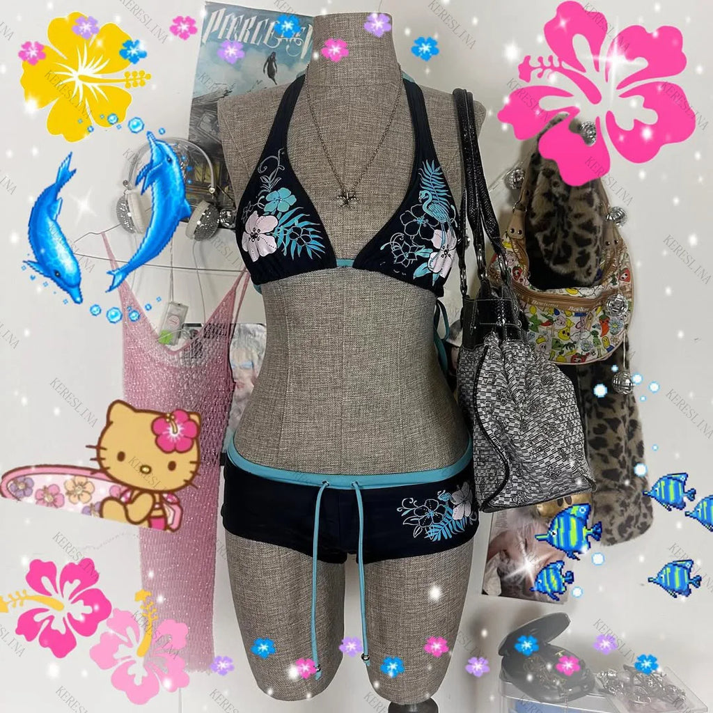 Vintage Flower Print Halter Strap Shorts Bikini