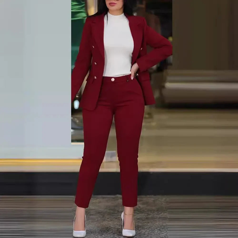 Notched Neck Long Sleeve Blazer & Elegant High Waist Work Pants Set