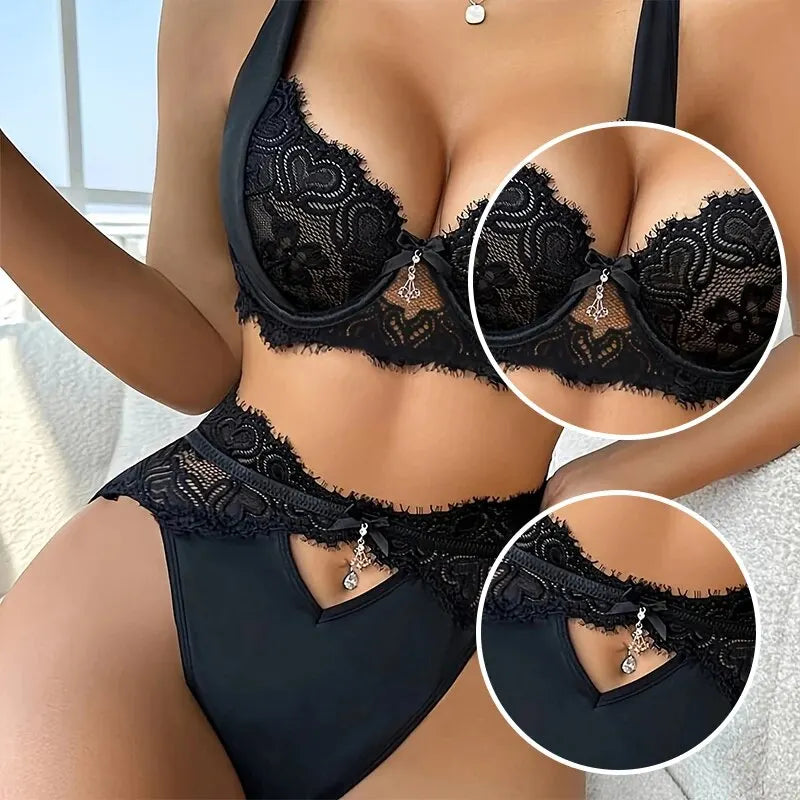 Black Lace Patchwork and Pendant Decoration Lingerie