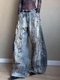 Street Distressed  Wide  Curved Leg Baggy Jeans