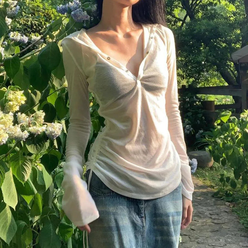 See-Through Hooded Long-Sleeve Top