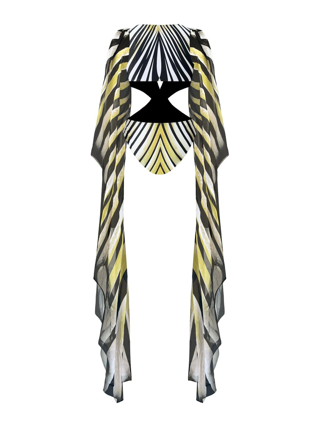Printed Fan Sleeved Cut Out Swimsuit