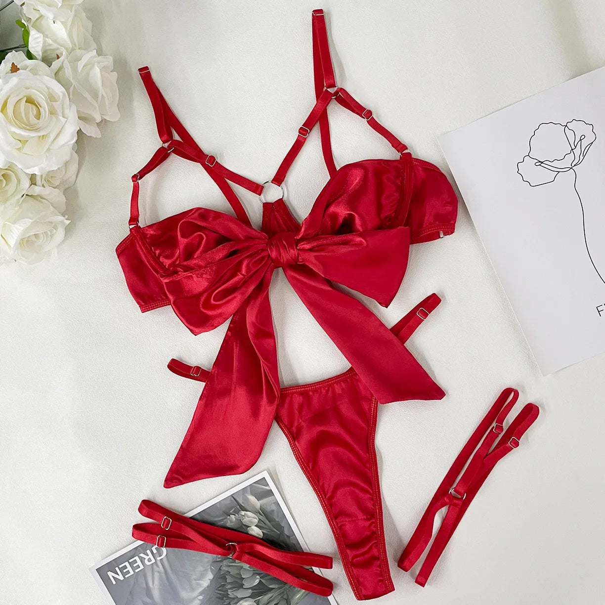 3 Piece Satin Bow Tie Bra and Panty Set with Thigh Straps