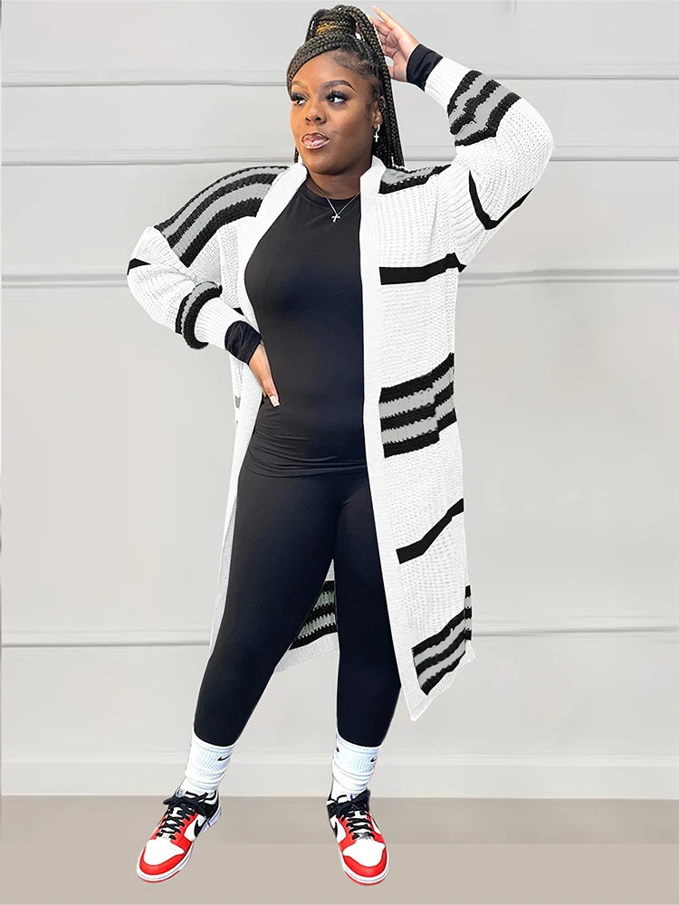 Long Relaxed Fit Striped Design Cardigan