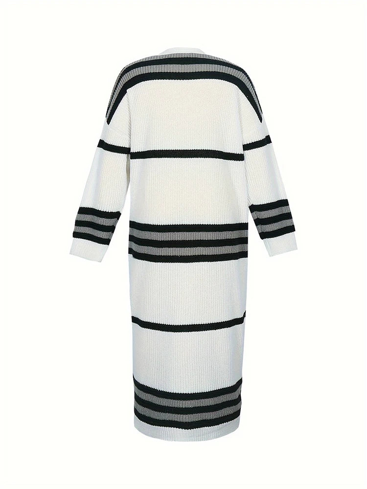 Long Relaxed Fit Striped Design Cardigan