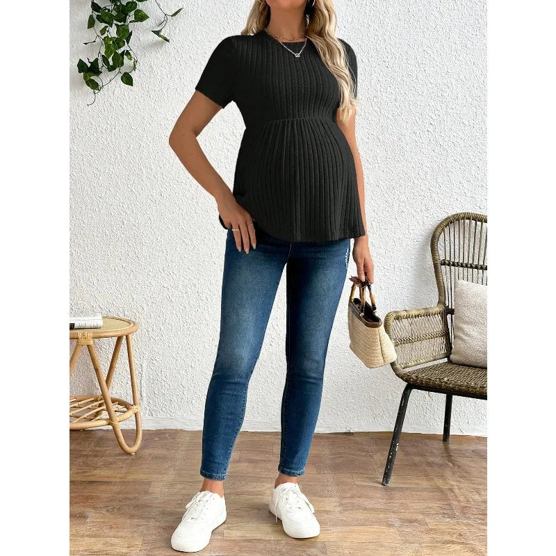 Maternity clothes Maternity Ribbed Short Sleeve Top Comfortable Pregnancy Clothes Solid Color Ruffles Knitwear Blouse T-Shirts
