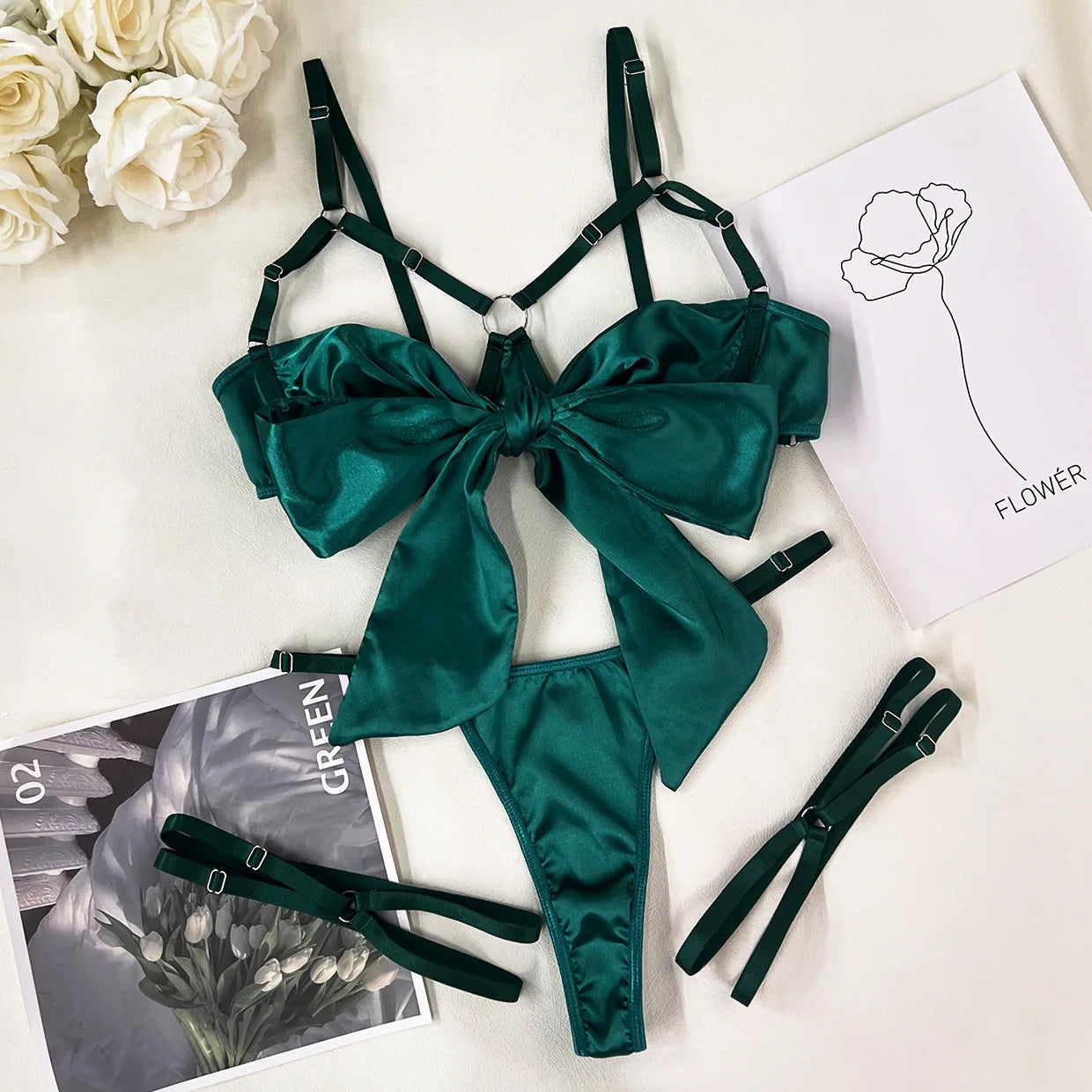 3 Piece Satin Bow Tie Bra and Panty Set with Thigh Straps