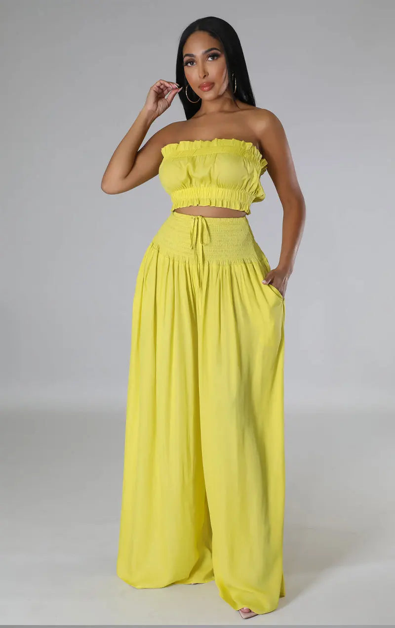 Women 2PC Raunched Midi Top & Loose Pants Set