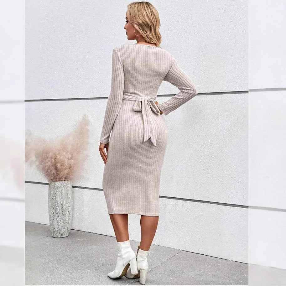 Maternity Dress Long-sleeved Dress for Pregnant Women Elegant Knotted Slimming Pregnancy Dresses Long Sleeve Maternity Clothes