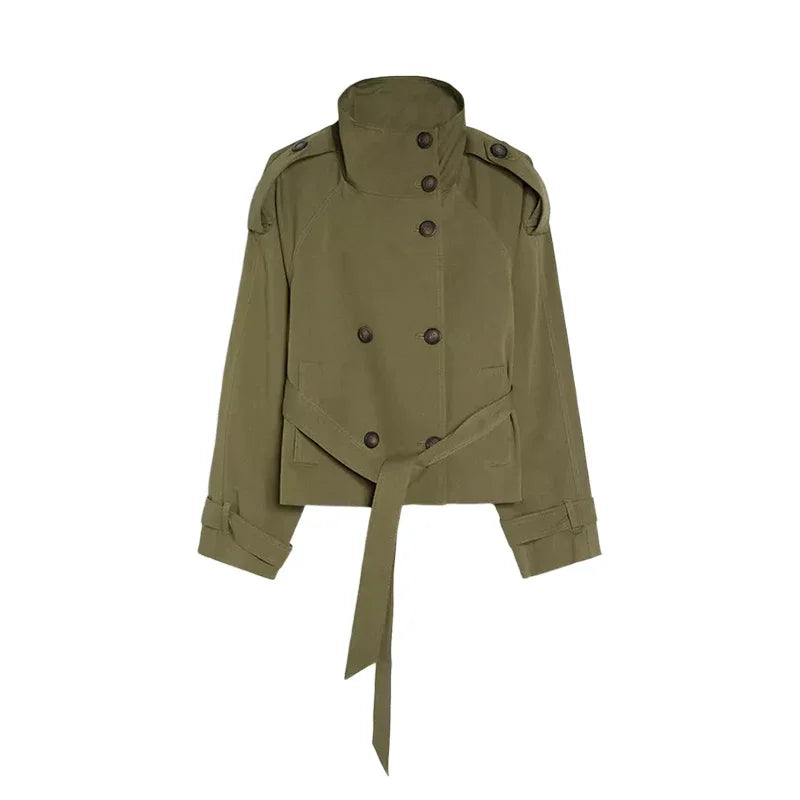Double Breasted Self-Tie Cropped Trench Coat