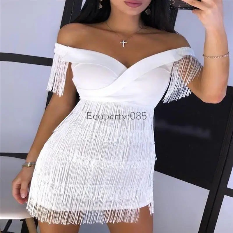 Sexy Off-Shoulder V-Neck Fringed Evening Dress