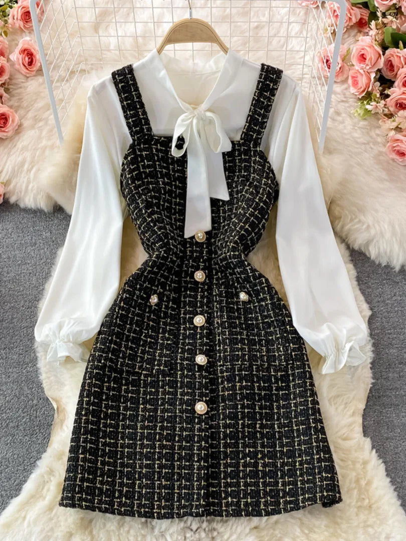 Bowtied Collar White Blouse Mini Tweed Dress