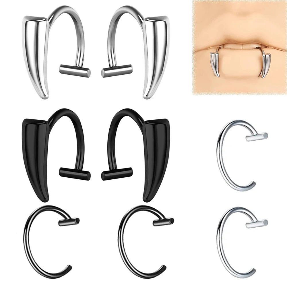 8pcs Stainless Steel Fake Lip & Nose Rings – Adjustable Jewelry